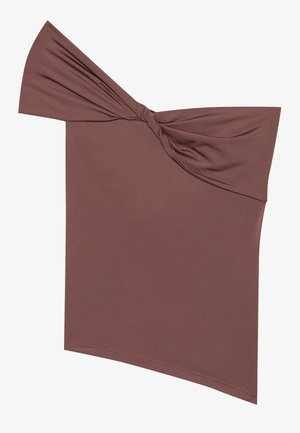 Rjav zvit zgornji del brez naramnic v gladkem, elastičnem materialu. Ima asimetrično zasnovo z vozlom na eni strani.