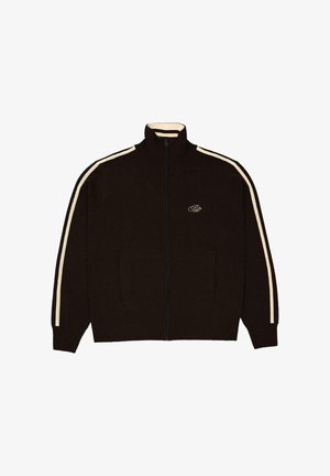 Zwarte full-zip jack met crèmekleurige strepen langs de mouwen, hoge kraag, voorzakken en een klein geborduurd logo op de linkerborst.