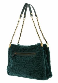Borsa a tracolla in pelliccia sintetica color teal con catena dorata e manici in pelle, dotata di una tasca laterale con zip e di un esterno morbido e testurizzato.