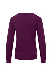 Lila gestrickter Pullover mit langen Ärmeln, rundem Ausschnitt sowie gerippten Bündchen und Saum. Glatte Struktur in einfarbiger Optik ohne sichtbare Muster.