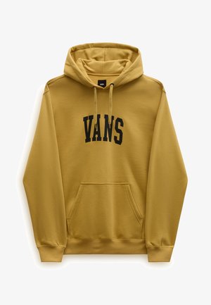 Žlutá mikina s kapucí z měkké látky s přední kapsou, nastavitelnými šňůrkami a černým logem "VANS" na prsní části.