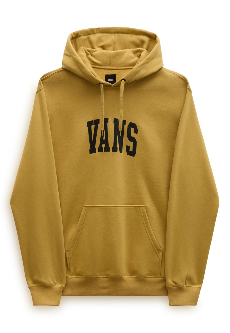 Sweat à capuche jaune en tissu doux avec une poche avant, des cordons de serrage ajustables et le logo « VANS » en noir sur la poitrine.