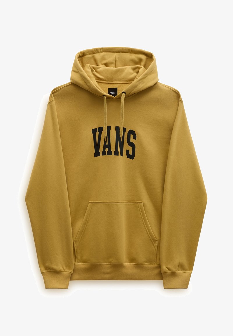 Sweat à capuche jaune en tissu doux avec une poche avant, des cordons de serrage ajustables et le logo « VANS » en noir sur la poitrine.
