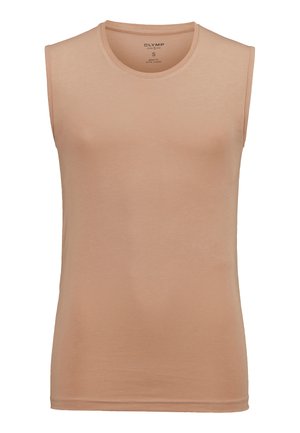 Sleeveless shirt in light beige, made of soft cotton fabric. Features a round neck and a fitted design, with no visible patterns or accents.