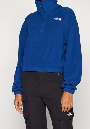 Blauwe fleece trui met een kwart ritssluiting en zwarte cargobroek met logopatches op de borst en dijzakken, gedragen door een staand persoon.