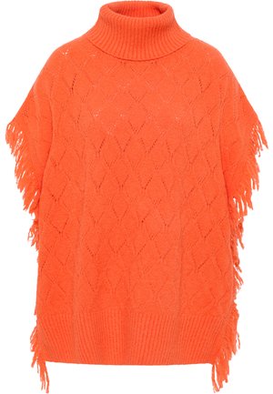 Svetlo oranžni pleteni pončo s turtleneck ovratnikom, ki ima diamantev vzorec in resaste robove, narejen iz mehkega, teksturiranega materiala.