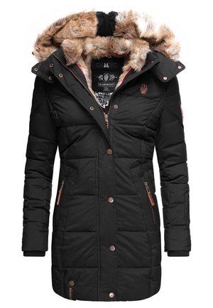Manteau d'hiver rembourré pour femmes noires avec capuche bordée de fausse fourrure, fermeture éclair et boutons-pression, et poches latérales zippées.