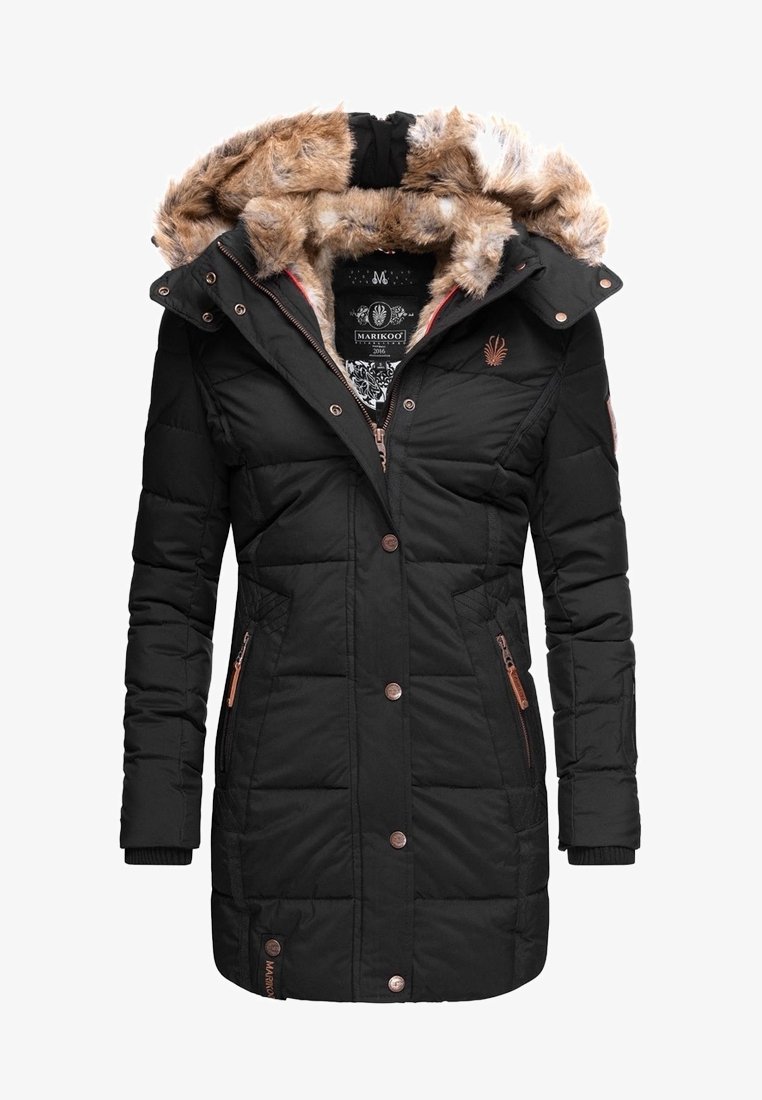 Manteau d'hiver rembourré pour femmes noires avec capuche bordée de fausse fourrure, fermeture éclair et boutons-pression, et poches latérales zippées.