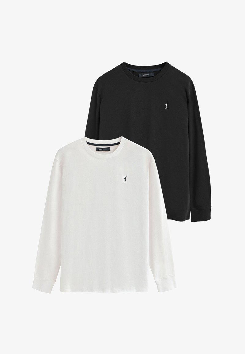 Czarno-białe długie rękawy z okrągłym dekoltem, miękka tkanina i małe logo na piersi. Prosty i klasyczny design.