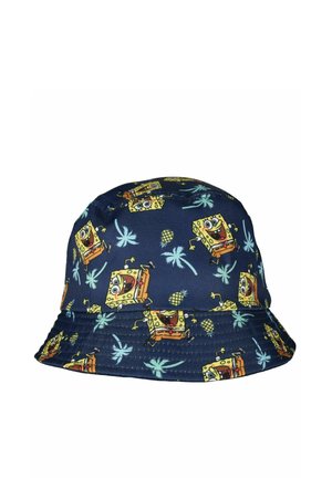 Marineblauer Bucket Hat mit wiederholendem, lächelndem gelben Cartoon-Charakter und hellblauen Palmen- und Ananasmustern.
