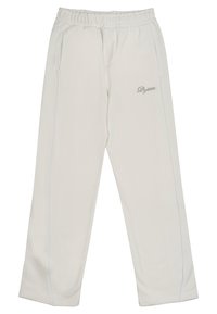 White sweatpants with an elastic waistband, two side pockets, light blue stitching accents, and a small logo on the left side.