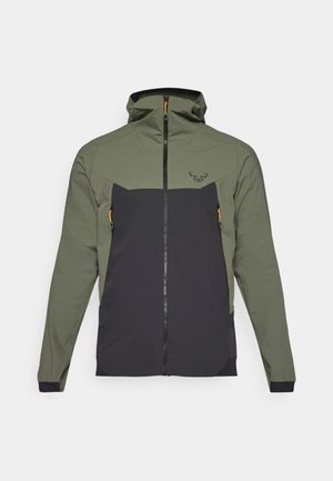 Hooded jacket featuring a green upper and black lower section, with zippered pockets and orange accents. Made of textured, durable material.