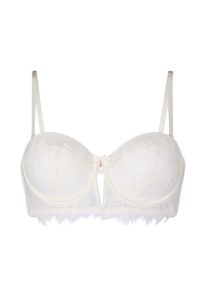 Reggiseno balconette in pizzo bianco con spalline sottili regolabili, un piccolo fiocco e un'apertura a goccia al centro davanti e bordo in pizzo smerlato sul fondo.