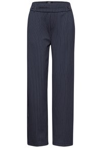 Pantalons large bleu marine avec des rayures blanches, dotés d'un devant plat, d'une fermeture à deux boutons et d'un tissu lisse et texturé.