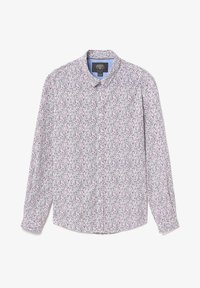 Camicia a maniche lunghe di colore bianco con un piccolo motivo floreale in rosa e blu. Presenta un colletto standard e una chiusura anteriore con bottoni.
