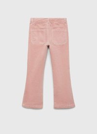Jeans rosa a zampa d'elefante realizzati in tessuto morbido, dotati di due tasche posteriori, passanti per la cintura e orlo pulito. Texture liscia con un colore chiaro e uniforme.