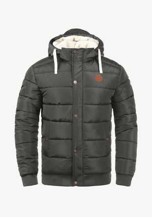 Dark grey puffer jacket with a hood, featuring a fuzzy white lining, snap buttons, and ribbed cuffs. Has a small brown logo patch on the chest.