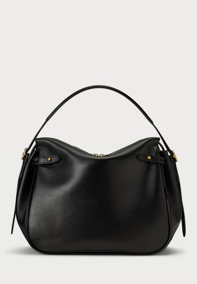 Juodas odinis rankinukas su apvalia forma, vienu viršuje esančiu rankena, auksiniu apdailos elementu ir švelniomis siuvimo detalėmis. Užtrauktuko uždarymas viršuje.