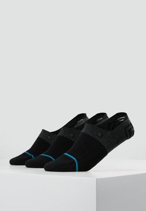 Three pairs of low-cut black socks with varying shades and blue accents, featuring a textured upper and reinforced toe area.