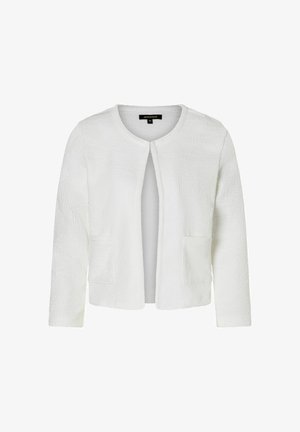 White, textured jacket with a round neckline, open front, and two front pockets. Long sleeves and a simple, clean design.