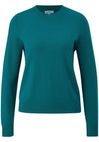 Suéter de punto en color azul verdoso con cuello redondo, mangas largas, puños y dobladillo acanalados, que presenta una textura suave y costuras uniformes.