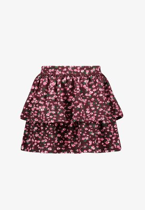 Jupe fleurie couleur bordeaux avec des fleurs roses et vertes, présentant un design à couches et une taille élastique pour le confort et la flexibilité.
