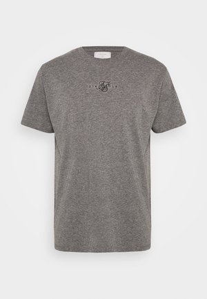 Grå bomuld t-shirt med korte ærmer, rund hals og et sort logo trykt på forsiden. Blød, afslappet pasform og glat tekstur.