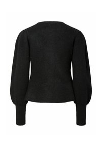 Czarny sweter dzianinowy o prążkowanej fakturze, dopasowany w talii, z lekko bufiastymi długimi rękawami i okrągłym dekoltem z tyłu.