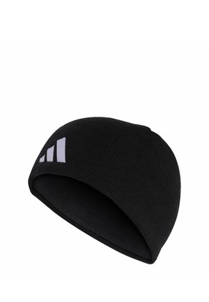 Schwarze Strickmütze mit grauem Adidas-Logo an der Seite, mit weichem Innenfutter und leicht geschwungener Form.