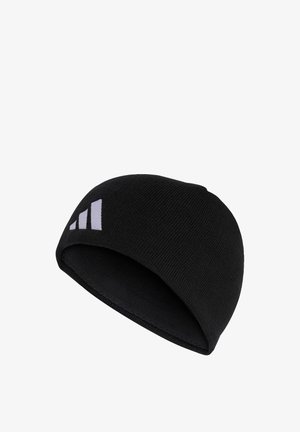 Cuffia nera lavorata a maglia con logo Adidas grigio sul lato, che mostra una morbida fodera interna e una forma leggermente curva.