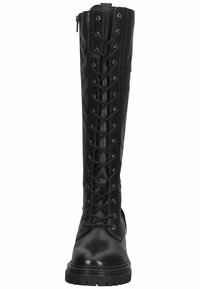 Bottes montantes noires à lacets en cuir lisse avec une fermeture éclair latérale, dotées d'œillets métalliques et d'une semelle robuste.
