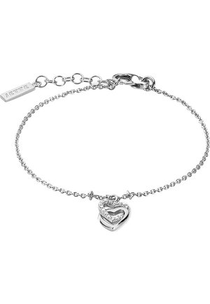 Silberne Armband mit einem Doppelherz-Anhänger mit strukturierter Oberfläche und eingebetteten Strasssteinen, verbunden durch eine feine Kette. JETTE-Logo-Anhänger enthalten.
