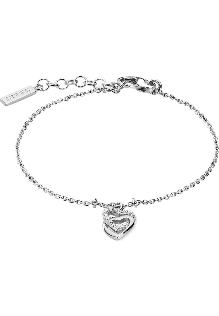 Bracciale in argento con un charm a forma di cuore doppio con finitura testurizzata e strass incastonati, collegato con una catena fine. Inclusa etichetta con logo JETTE.