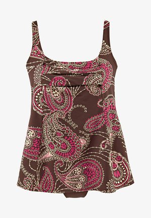 Braunes Tankini-Oberteil mit pinken und cremefarbenen Paisley-Mustern, mit breiten Trägern und leicht ausgestelltem Saum.