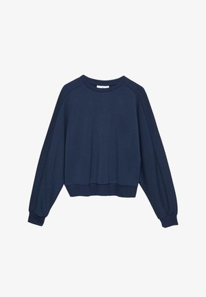 Navy blue, long-sleeve pullover with a rounded neckline, cropped design, ribbed cuffs, and relaxed fit. Made of soft, textured fabric.