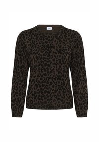 Jersey marrón con estampado de leopardo negro, cuello redondo, mangas largas y ribete acanalado. Textura de punto suave. La etiqueta dice "Saint."