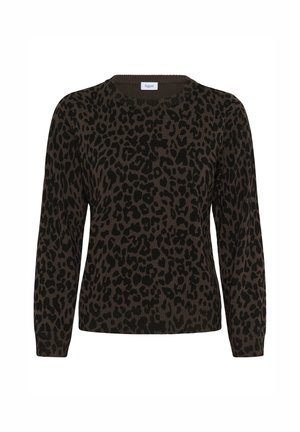 Pull marron avec imprimé léopard noir, col rond, manches longues et ourlet côtelé. Texture en tricot douce. L'étiquette indique "Saint."
