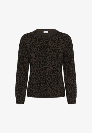 Rjav pulover z črnim leopardjim vzorcem, okroglo ovratnik, dolgi rokavi in riban rob. Mehka pletena tekstura. Oznaka pravi "Saint."