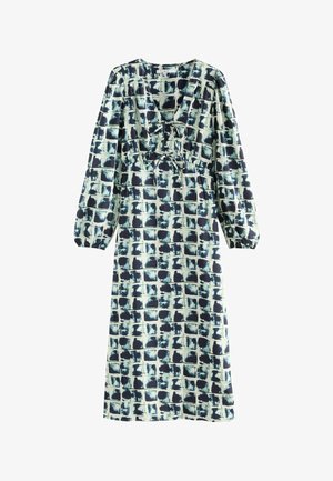 Vestido maxi con mangas largas, escote en V y cordón en la cintura, con un estampado de cuadrícula en tonos marino, azul claro y blanco.