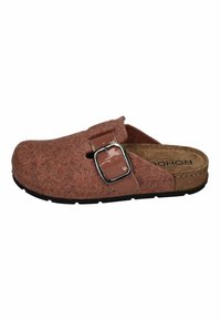 Sabot en feutre rose avec une semelle en liège brun, boucle ajustable marron et semelle extérieure noire texturée. Design à dos ouvert pour un enfilage facile.