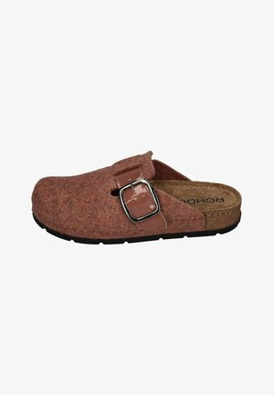 Pink felt clog with a brown cork footbed, adjustable brown buckle, and textured black outsole. Open back design for easy wear.