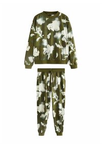 Olive green, kwiecisty sweatshirt o luźnym kroju i ściągaczami przy mankietach, zestawiony z pasującymi dresami z elastycznym pasem i mankietami.