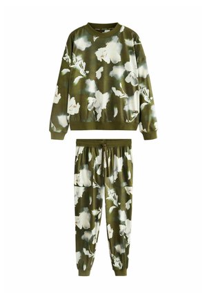 Olive green, floral print sweatshirt with loose fit and ribbed cuffs, paired with matching joggers featuring elastic waistband and cuffs.
