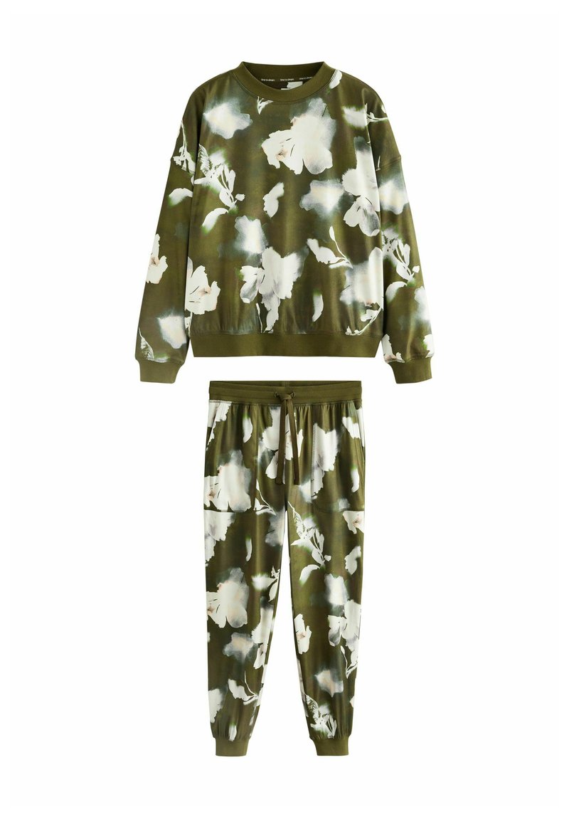 Olive green, kwiecisty sweatshirt o luźnym kroju i ściągaczami przy mankietach, zestawiony z pasującymi dresami z elastycznym pasem i mankietami.