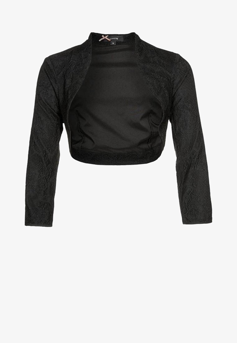 Musta lyhyt takki, jossa on pitsikuvioinen päällysosa, pitkät hihat ja avoin etuosa. Sileä vuori ilman kiinnityksiä.