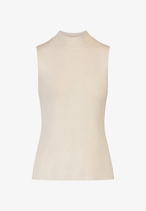 Ärmelloses Top mit Stehkragen aus weichem beigen Stoff. Taillierte Passform mit glatter Textur, minimalen Nähten und ohne auffällige Verzierungen.