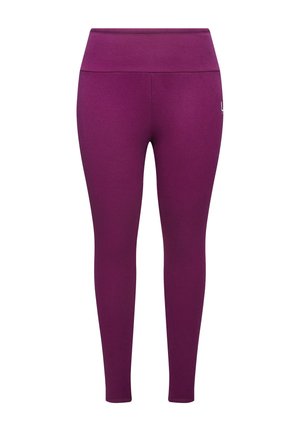 Paarse legging met een brede tailleband, gemaakt van rekbare stof. Gladde textuur, geen zichtbare patronen, en een klein logo-accent aan de zijkant.