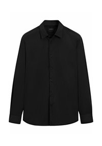 Black long-sleeve button-up shirt made of smooth fabric, featuring a spread collar, front buttons, and tailored fit with cuffed sleeves.