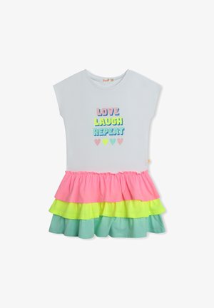 Rochie cu mânecă scurtă, cu un top gri deschis, având inscripționată textul "LOVE LAUGH REPEAT" în sclipici multicolor. Bază fustei cu volane în nuanțe de roz, galben și teal.