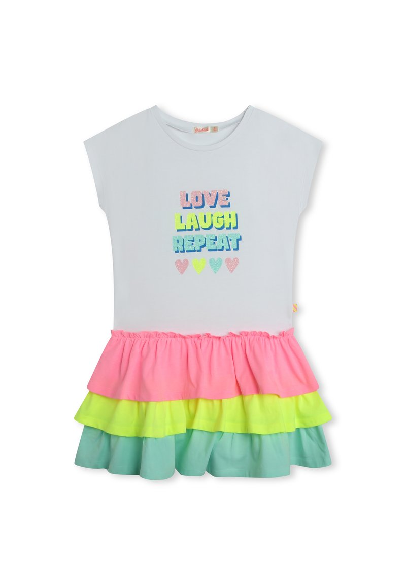 Sukienka z krótkim rękawem z jasnoszarym topem, z napisem "LOVE LAUGH REPEAT" w wielokolorowym brokacie. Dół sukienki w różowych, żółtych i turkusowych falbanach.